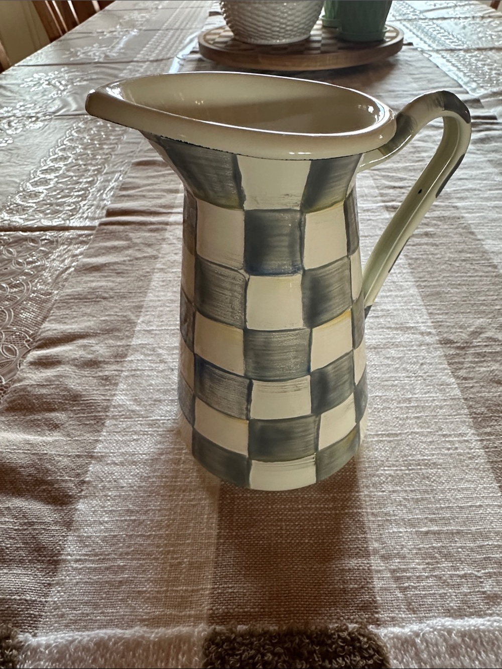 MacKenzie-Childs Checked Enamel Pitcher in Cream and Gray Sterling pattern NWT - Picture 2 of 12